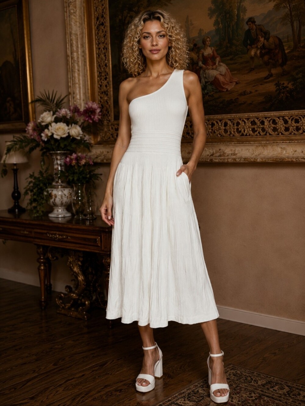 Vintage 80s White Ribbed Knit Maxi Dress